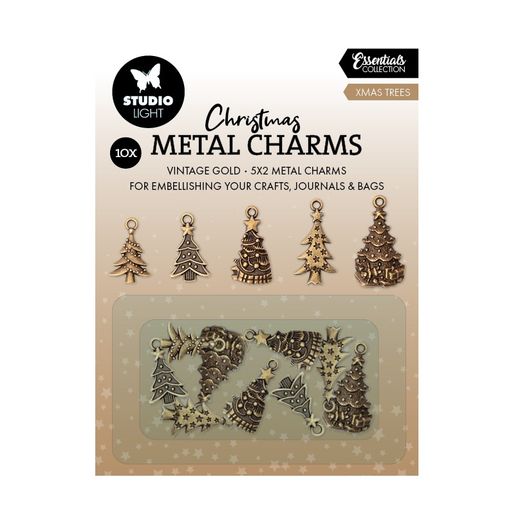 Kovové přívěsky Studio Light, 10 ks - Zlaté vánoční stromečky