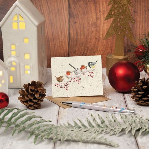 Dárková kartička Wrendale Designs "One Snowy Day" - Ptáčci, vánoční