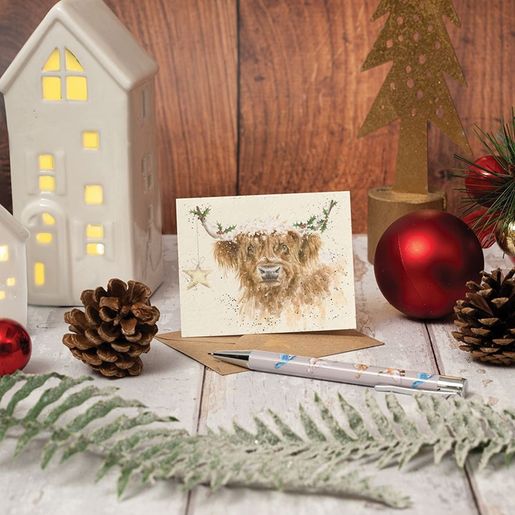 Dárková kartička Wrendale Designs "Highland Star" - Kráva, vánoční