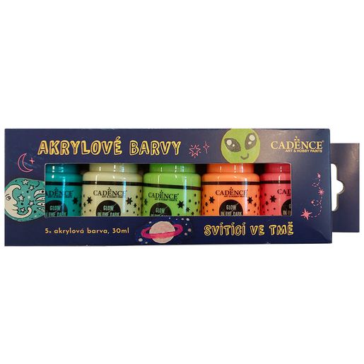 Akrylové barvy Cadence, sada 5 ks, 30 ml - svítící ve tmě