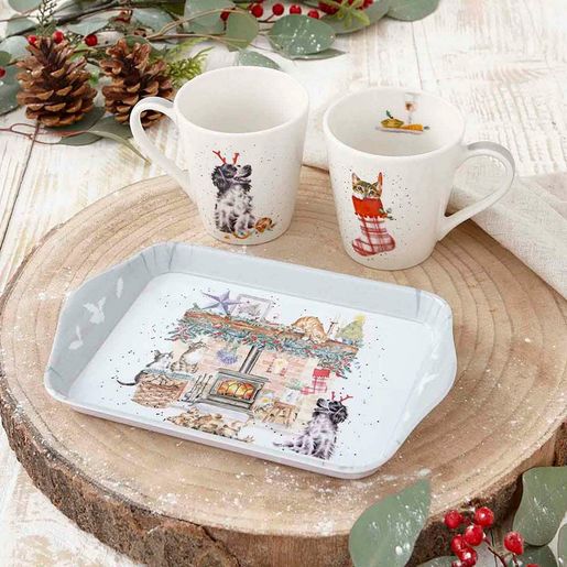 Sada podnosu a hrnků Wrendale Designs "No Place Like Home" - Vánoční mazlíčci