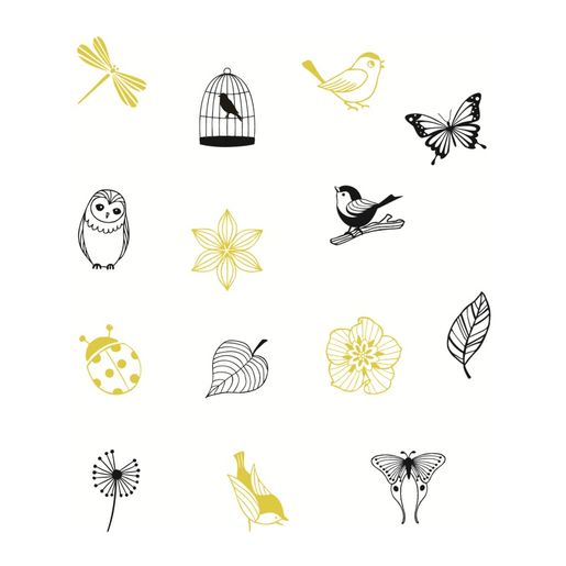 Dřevěná diářová razítka Aladine Stampo Bocal, 14 ks - Ptáčci, kytičky