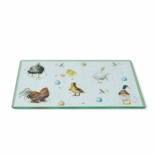Skleněná krájecí deska Wrendale Designs "The Country Set" - Ptáčci na farmě