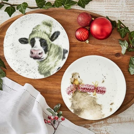 Vánoční porcelánové talířky Wrendale Designs, 2 ks - Kráva a husa