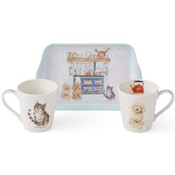 Sada podnosu a hrnků Wrendale Designs "Country Kitchen" - Mazlíčci v kuchyni