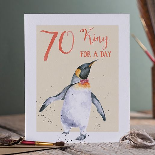 Narozeninové přání Wrendale Designs "70 King For a Day" - Tučňák