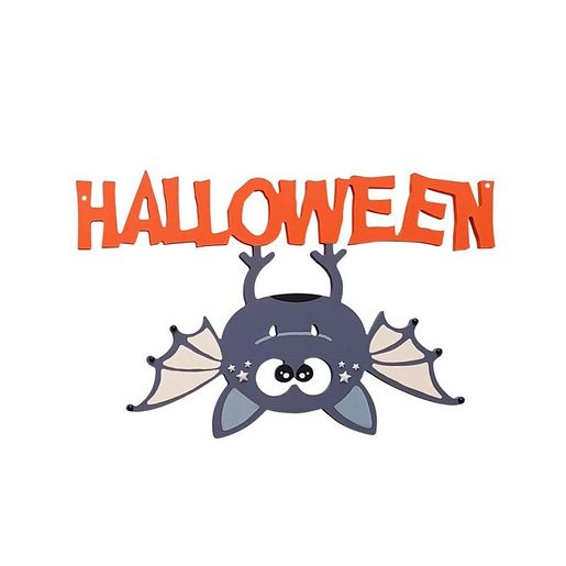 Dřevěný výřez k dekoraci Gomille, závěsný, 36x23 cm - Nápis Halloween, s netopýrem