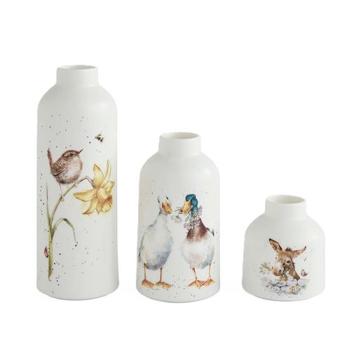 Porcelánové vázy Wrendale Designs, 3 ks - Střízlík, kachny, oslík