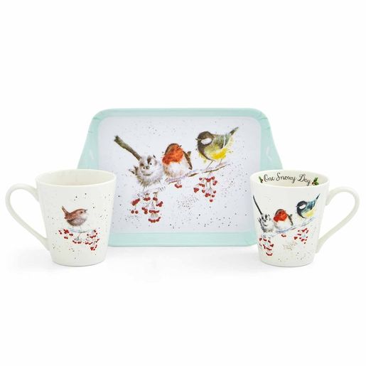 Dárková sada 2 ks hrnků s táckem Wrendale Designs "One Snowy Day" - Ptáčci