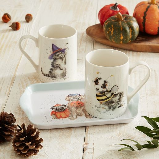 Sada podnosu a hrnků Wrendale Designs "Trick or Treat" - Kočky a psi