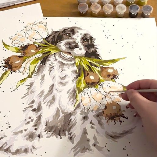 Malování podle čísel Wrendale Designs "Blooming with Love" - Pes, kokršpaněl