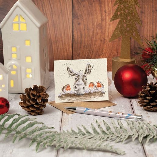 Dárková kartička Wrendale Designs "Christmas Donkey" - Oslík a červenky, vánoční